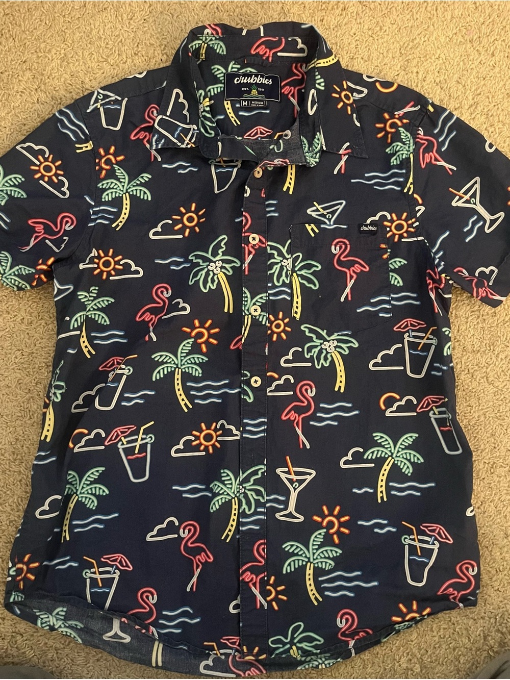 Chubbies Neon Lights Tropical Short Sleeve Button-Up Shirt, Size Medium